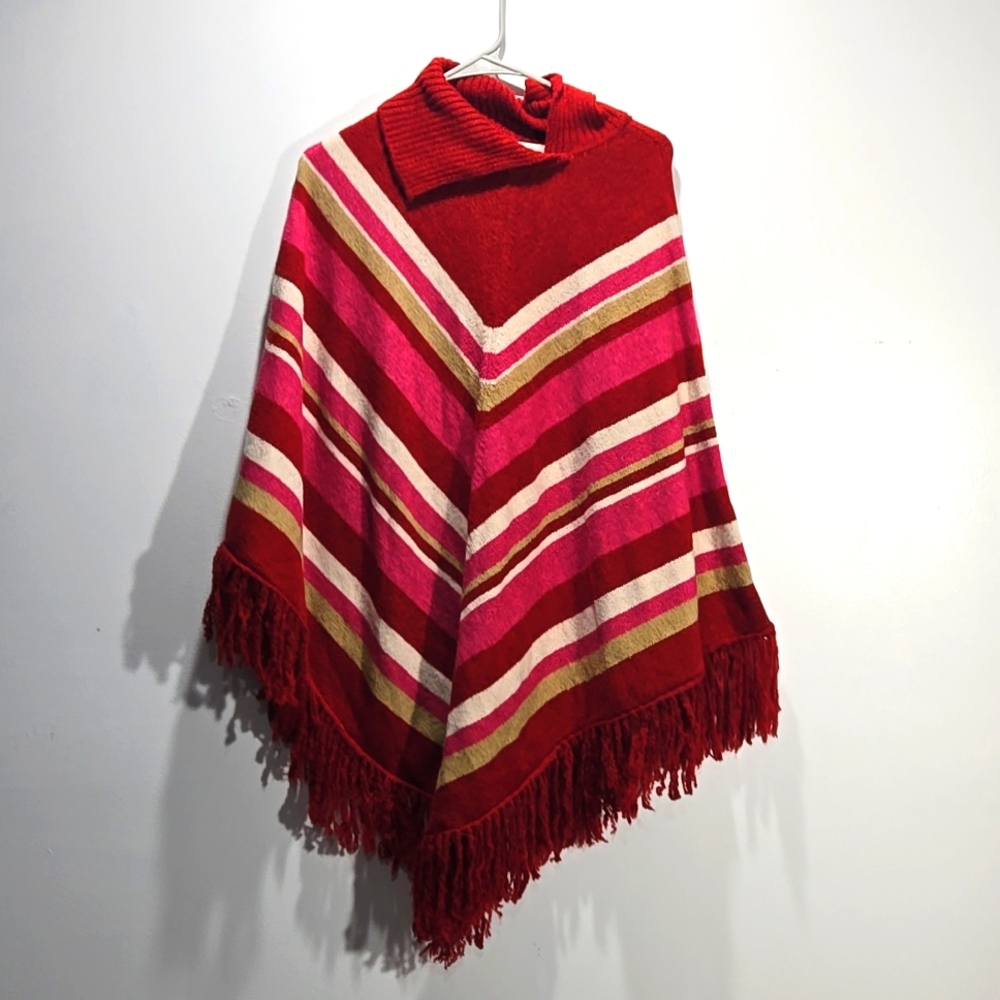 Poncho Striped Fringe Boho Fall Small Medium